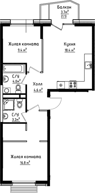 Планировка — Коллекция, 2-комн., 56 м²