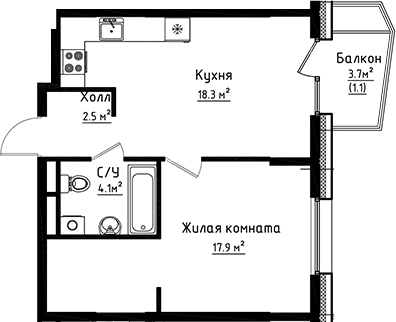 Планировка — Коллекция, 1-комн., 43 м²