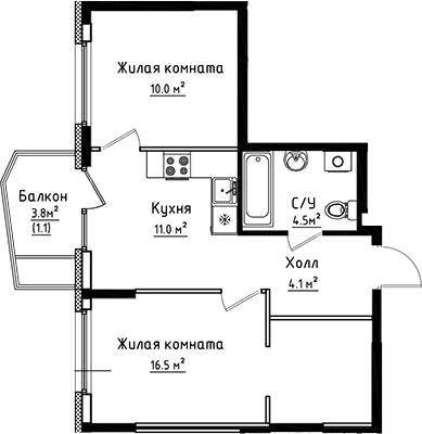 Планировка — Коллекция, 2-комн., 46 м²