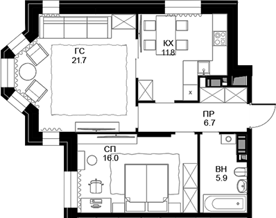 Планировка — Театральный квартал, 2-комн., 62 м²