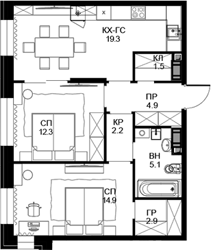 Планировка — Театральный квартал, 2-комн., 63 м²