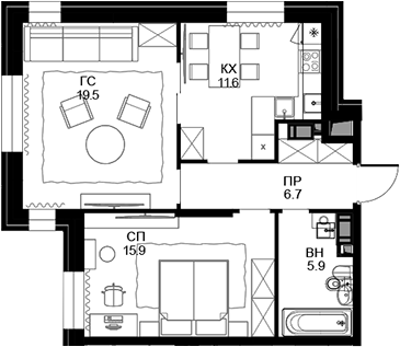 Планировка — Театральный квартал, 2-комн., 60 м²