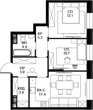 Планировка — Театральный квартал, 2-комн., 57 м²
