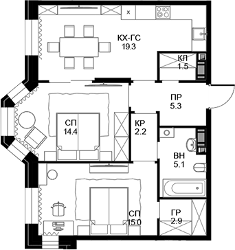 Планировка — Театральный квартал, 2-комн., 66 м²
