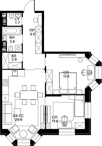 Планировка — Театральный квартал, 2-комн., 69 м²