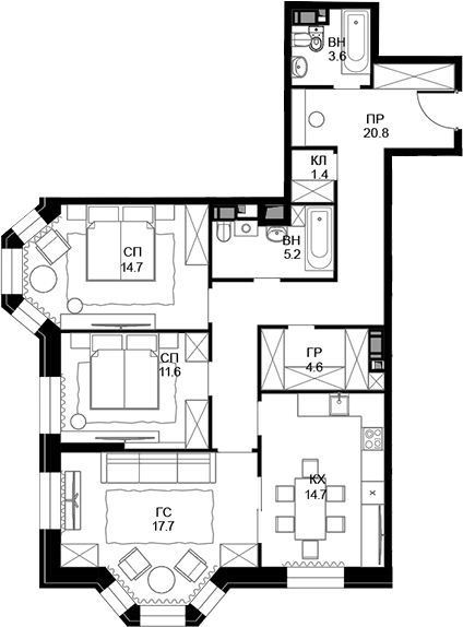 Планировка — Театральный квартал, 3-комн., 94 м²