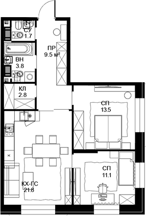 Планировка — Театральный квартал, 2-комн., 64 м²