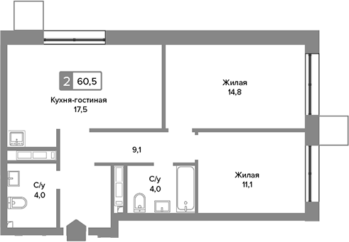 Планировка — Сити квартал Отрада, 3-комн., 61 м²