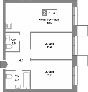 Планировка — Сити квартал Отрада, 3-комн., 53 м²