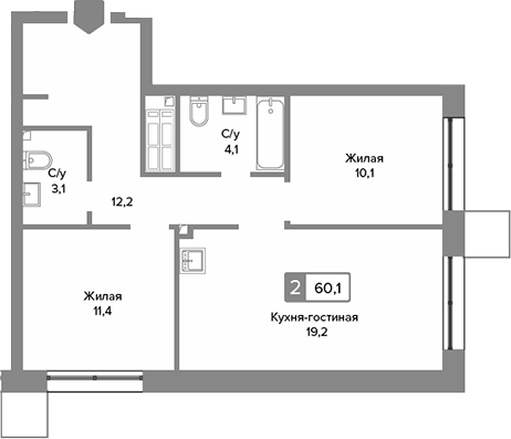 Планировка — Сити квартал Отрада, 3-комн., 60 м²