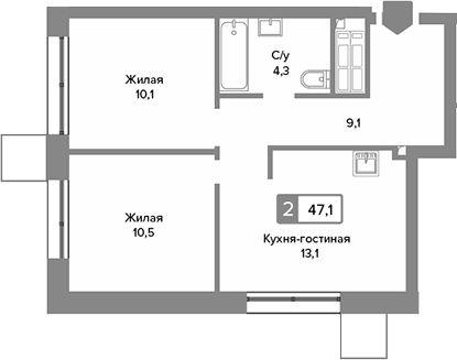 Планировка — Сити квартал Отрада, 3-комн., 47 м²