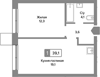 Планировка — Сити квартал Отрада, 2-комн., 39 м²