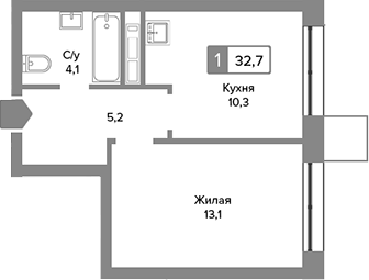 Планировка — Сити квартал Отрада, 1-комн., 33 м²