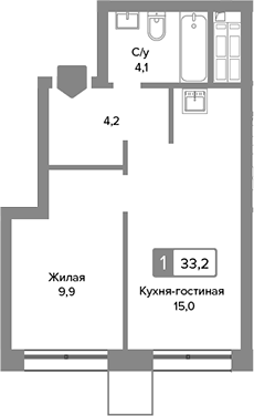 Планировка — Сити квартал Отрада, 2-комн., 33 м²