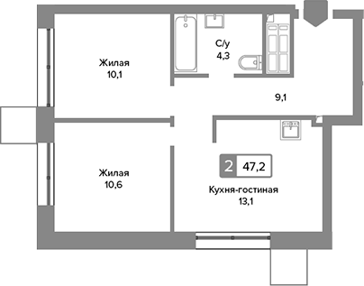 Планировка — Сити квартал Отрада, 3-комн., 47 м²