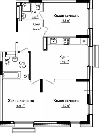 Планировка — Коллекция, 3-комн., 77 м²
