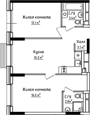 Планировка — Коллекция, 2-комн., 54 м²