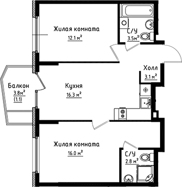Планировка — Коллекция, 2-комн., 54 м²