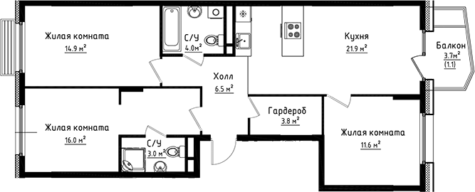 Планировка — Коллекция, 3-комн., 82 м²