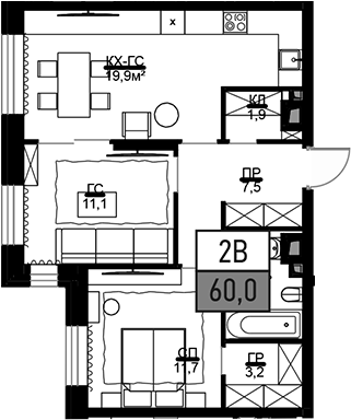 Планировка — Театральный квартал, 2-комн., 60 м²