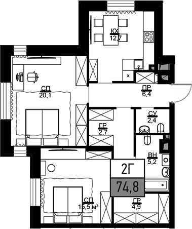 Планировка — Театральный квартал, 2-комн., 75 м²