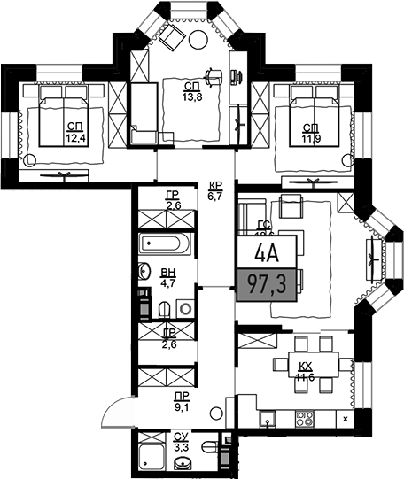 Планировка — Театральный квартал, 4-комн., 98 м²
