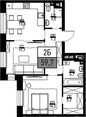 Планировка — Театральный квартал, 2-комн., 60 м²
