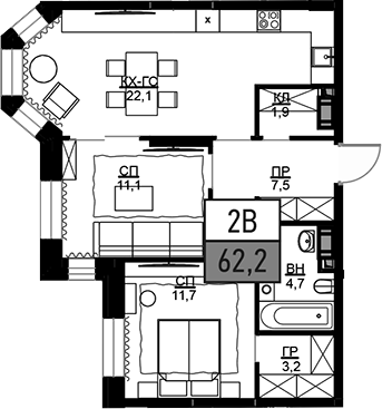 Планировка — Театральный квартал, 2-комн., 63 м²