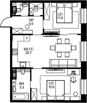 Планировка — Театральный квартал, 2-комн., 64 м²