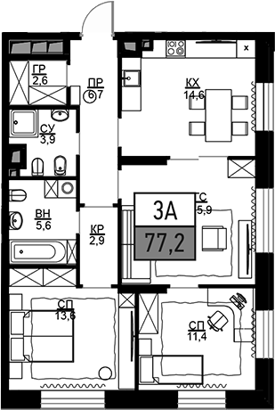 Планировка — Театральный квартал, 3-комн., 77 м²