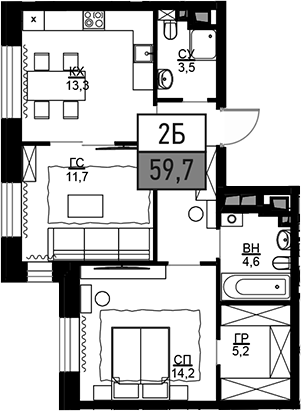 Планировка — Театральный квартал, 2-комн., 60 м²