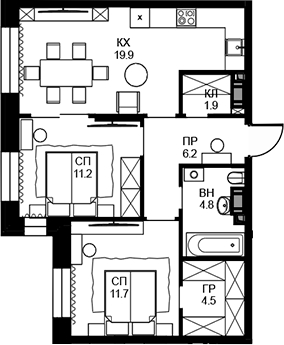 Планировка — Театральный квартал, 2-комн., 60 м²