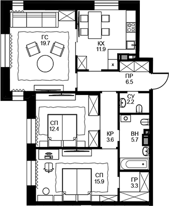Планировка — Театральный квартал, 3-комн., 81 м²