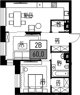 Планировка — Театральный квартал, 2-комн., 60 м²