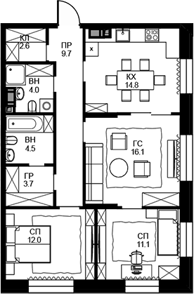 Планировка — Театральный квартал, 3-комн., 79 м²