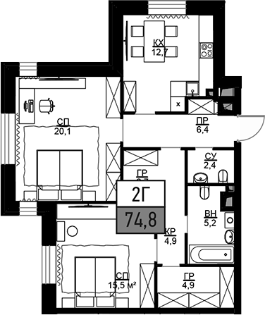 Планировка — Театральный квартал, 2-комн., 75 м²