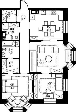 Планировка — Театральный квартал, 3-комн., 83 м²