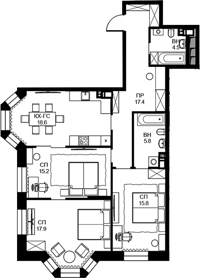 Планировка — Театральный квартал, 3-комн., 95 м²