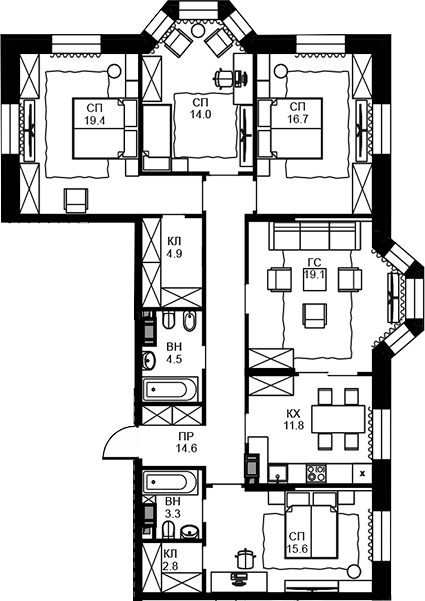 Планировка — Театральный квартал, 5-комн., 127 м²