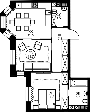 Планировка — Театральный квартал, 2-комн., 58 м²