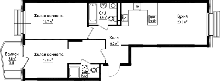 Планировка — Коллекция, 2-комн., 67 м²