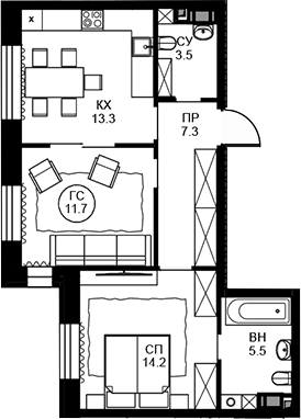 Планировка — Театральный квартал, 2-комн., 56 м²