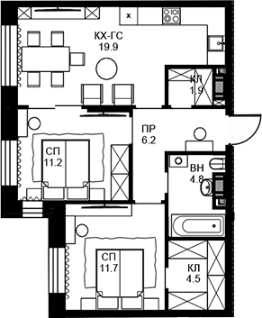 Планировка — Театральный квартал, 2-комн., 60 м²