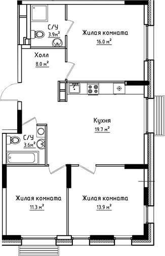 Планировка — Коллекция, 3-комн., 76 м²