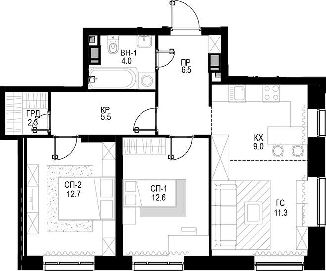 Планировка — Трилогия «Кристалл», 3-комн., 64 м²