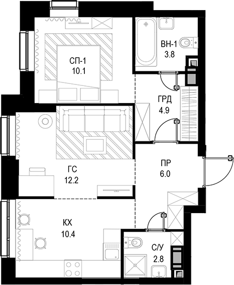Планировка — Трилогия «Кристалл», 2-комн., 50 м²