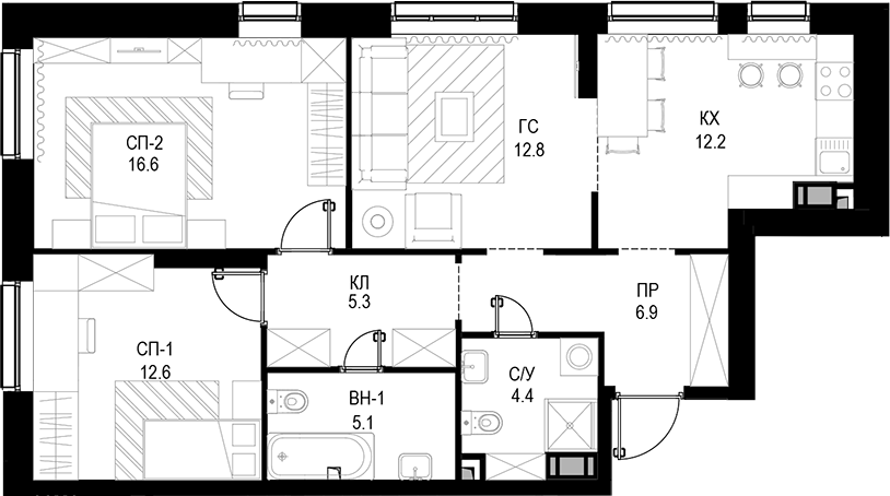 Планировка — Трилогия «Кристалл», 3-комн., 76 м²