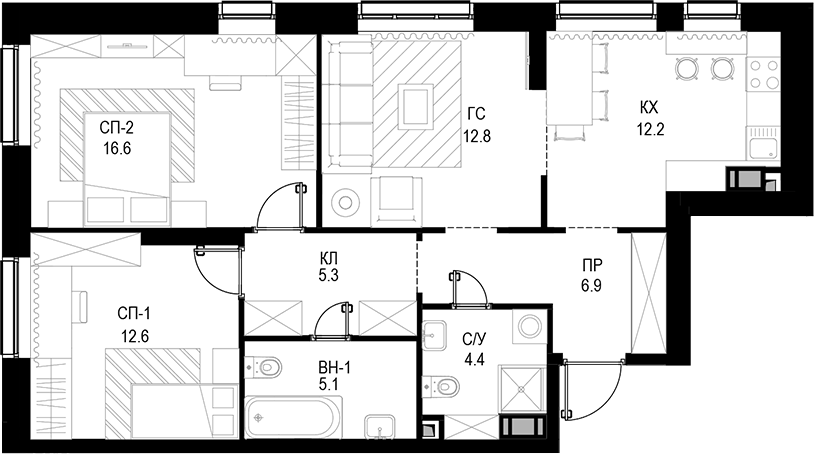 Планировка — Трилогия «Кристалл», 3-комн., 76 м²