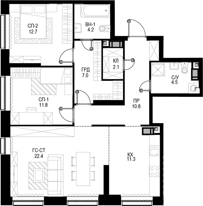 Планировка — Трилогия «Кристалл», 3-комн., 87 м²