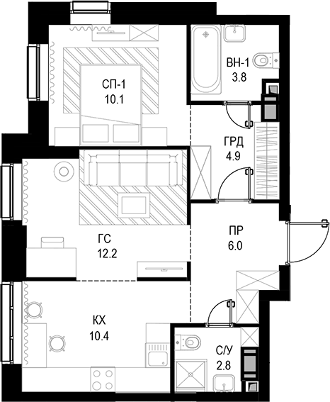 Планировка — Трилогия «Кристалл», 2-комн., 50 м²